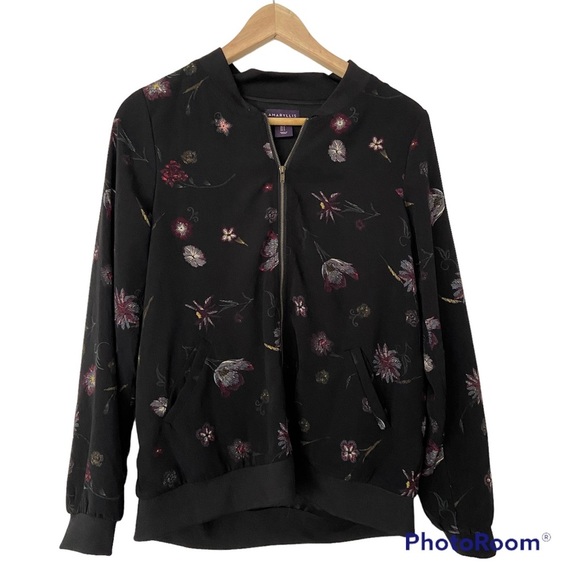 AMARYLLIS BLACK/FLORAL LIGHTWEIGHT BOMBER STYLE JACKET WITH GOLD ZIPPER, SMALL - Picture 1 of 11